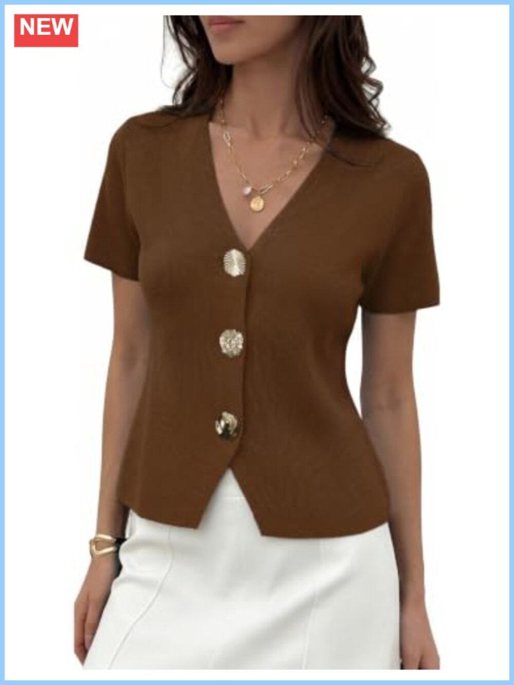 Short Sleeve Cardigan Sweater V Neck Snap Gold Buttons Cropped Knit Top
